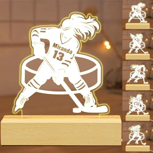 Certykllp Personalisiertes Hockey-Acryl-LED-Nachtlicht, personalisierbar, Spielername und -nummer, Raum-Tisch-Schreibtisch-Dekor-Lampe, tolles Weihnachts- oder Geburtstags-Lampe, Geschenk für Frauen