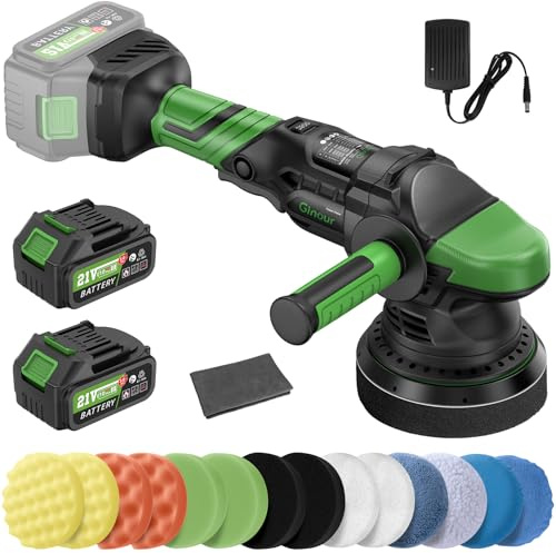 Ginour Brushless Dual Action Car Polisher with 2×21V 3.0Ah Batteries | 15mm Dual Action Orbit, 5-Speed Dial, 5 Backing Plate, Smooth Low-Vibration Operation, Compatible with Makita 18V Batteries