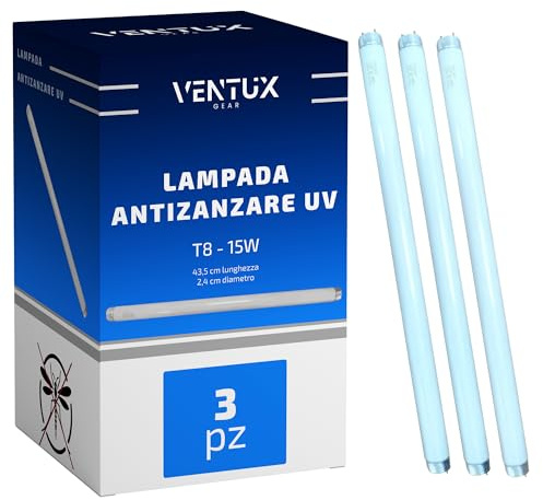 VENTUX GEAR Tubo Neon UV-A Antizanzare T8 15W – 3 Pezzi Attacco G13, 367 nm, Shatterproof, 437 mm, 9.000 Ore Ricambio per Lampade Elettro-Insetticida | Luce attinica UV blu