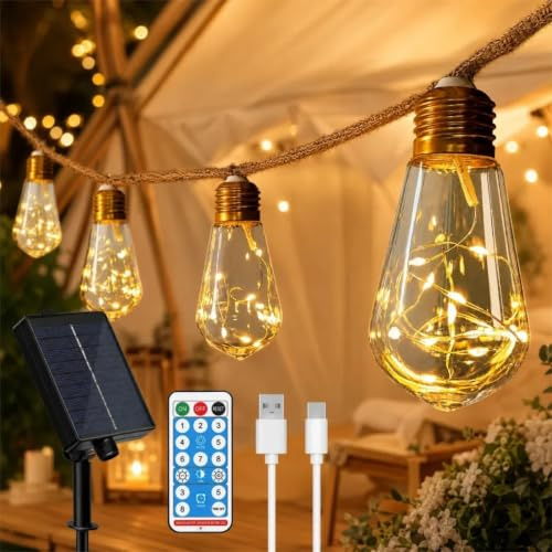 plainshe Solar Lichterkette Aussen, 16LED Wetterfest Vintage Hanfseil Solar Glühbirnen, Gartenbeleuchtung für Patio, Gazebo, Balkon, Hochzeit, Party Dekor