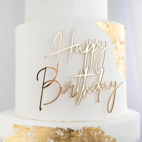 Gold Happy Birthday Cake Topper,Acrylic Happy Birthday Cakes Topper Decoration Kit Classic Gold-Mirror Happy-Birthdays Dessert Exquisite Side Sign Bakin Accessories Set for Man,Boys,Women,Girls,Kids