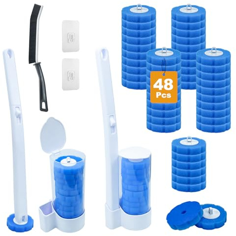 2 Pack Dispasable Toilet Brush and Holder Set, with 48 Toilet Brush Refills | Disposable Toilet Cleaning System, Wall Mounted or Floor Standing, for Bathroom, Sink, Bathtub, and Floor Cleaning