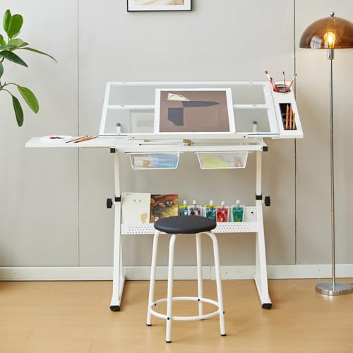 GarveeLife Höhenverstellbarer Zeichentisch mit Glasplatte, neigbarer Künstler-Arbeitsplatz, Bastelschreibtisch mit Hocker, 2 Schubladen, extra seitlicher Schreibtisch, professioneller Kunst- und