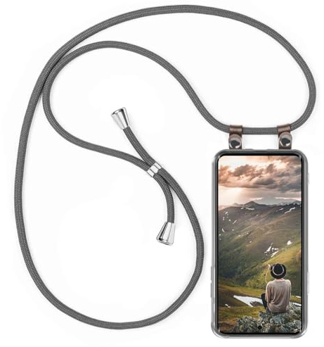 moex Handykette für Redmi Note 15 5G Hülle mit Band abnehmbar, Handyhülle mit Kette zum Umhängen, Handyband 155 cm lang Stoff Kordel Umhängehülle, Handy Umhängeband, Grau
