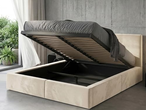 Polsterbett 160x200 cm mit Bettkasten und Lattenrost – Stauraumbett Doppelbett in Kaschmir Pflegeleichter Samtbezug Gepolstertes Bettgestell belastbar bis 300 kg ohne Matratze (Kaschmir, 160x200)