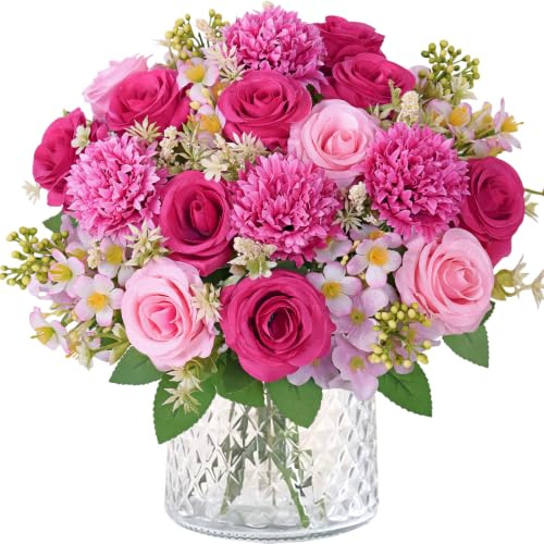 Weldomcor 4 Bündel Kunstblumen wie Echt, Rosen Künstliche Blumen Hortensien Kunstblumen Kunstrosen Blumenstrauß Seidenblumen für Brautstrauß Tischdeko Blumenarrangement Hochzeit Wohnzimmer Dekor, Rosa