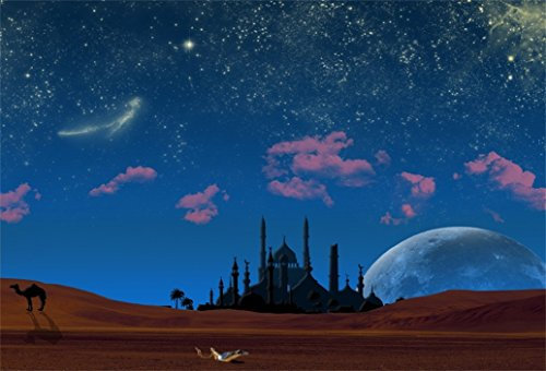 AOFOTO Magische Aladdin's Genie Lampe in Wüstenhintergrund Moschee in Nacht Fotografie Hintergrund Fantasy Sternenhimmel Kamel Wunsch mysteriöses Glück Mythologie Märchen Foto Studio Requisiten Kind