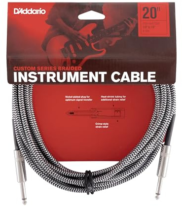 D’Addario Accessories Custom Series Braided Guitar Cable - Instrument Cable with Nickel Plated ¼ Inch Ends - Protects Guitar Cord Against Cuts, Kinking - 20 feet - Grey