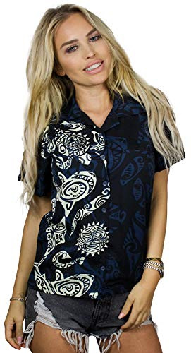 King Kameha Funky Hawaii-Bluse-Hemd Damen Kurzarm Front-Tasche Stylish Mahalo Maori Tribal-Art