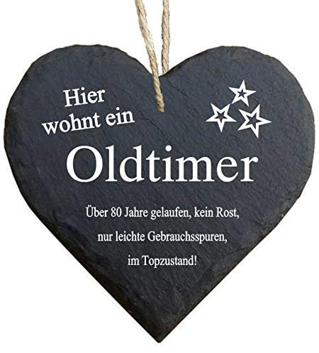 Herz Schieferherz Schiefer Schieferschild 10 x 10 cm Hier wohnt EIN Oldtimer Geburtstag 80 Jahre schwarz Dekoschild Wandschild Schild Stein Runder Geburtstag
