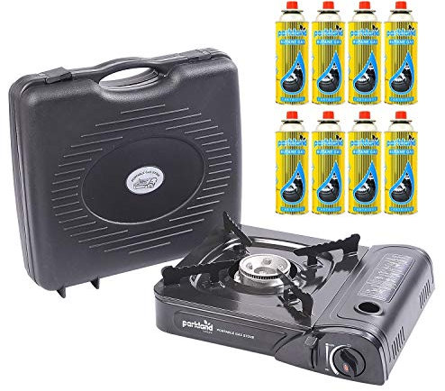 Single Burner Butane Gas Stove | Portable Compact and Lightweight | Adjustable Flame Height | Ideal For Camping Fishing | Comes With Carry Case | Durable And Easy To Use + 8 Gas Refills