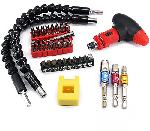 32Pcs Security Bit,Ratcheting Screwdriver, Hex Shank Bit Set, 2pcs Flexible Shaft Extension, 3pcs 1/4 3/8 1/2 Universal Socket Adapter Set, Magnetizer and Demagnetizer for Screwdriver Bits and Tips