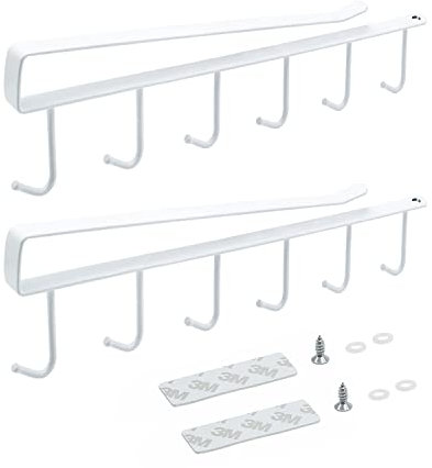 JINTANG 2 Pack Mug Holder Under Cabinet, Cup Rack Organizer with 6 Hooks, White Under Shelf Hanger Drilling Strong Cupboard Storage for Kitchen Restaurant Hanger Tea Cup Display Rack