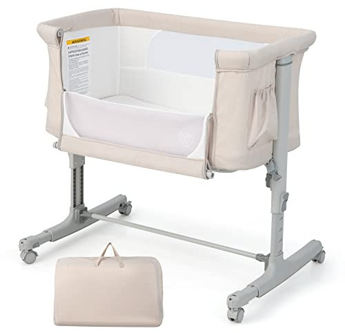 GOPLUS 3 in 1 Babywiege, tragbares Beistellbett mit Wiegemodus, abnehmbare Matratze, höhenverstellbar, Taschen & feststellbare Räder, Reisebett für Neugeborene mit Tragetasche (Beige)
