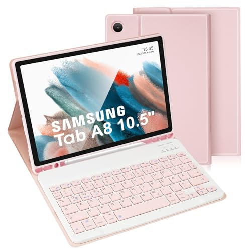 LAMA Samsung Galaxy Tab A8 Hülle mit Tastatur, Kabellose Tastatur Hülle für Tab A8 10,5“ 2021 (SM-X200/X205/X207), Magnetische Kabellose Bluetooth Tastatur Hülle, Deutsches QWERTZ Layout (Rosa)