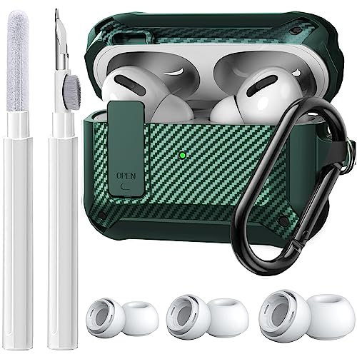Olytop AirPods Pro 2/1 Gehäuseschloss mit Reinigungsset & Ersatz-Ohrstöpseln (S/M/L), robuste Schutzhülle für iPod Pro (2023/2022/2019) mit Schlüsselanhänger, Armeegrün