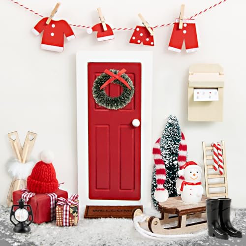 BOFUNX 30PCS Miniatur Wichteltür Zubehör Weihnachten Set, Miniatur Wichtel Tür mit Miniatur Weihnachtsbaum Öllampe Leiter Teppich Feentür Set für Kinder Geschenk