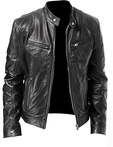 Motorrad Lederjacke Herren, Herren Pu Lederjacken, Schlichte Kunstleder Motorradjacke, Vintage Bomberjacke Mit Reißverschluss, Schmale Passform, Punk Windjacke Für Herbst Und Winter, Schwarz, L