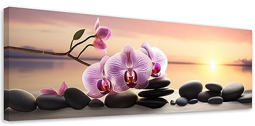 Feeby Wandbilder Zen Spa Kerzen Orchidee 70x25 cm 1 tlg Modern Leinwandbilder Bild auf Leinwand Kunstdruck Wand Bild Wanddeko Design Schlafzimmer Büro Flur Hotel Spa Wohnzimmer Orient Steine Orange