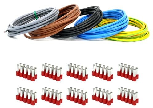 Event-Kabel&more-Set Verdrahtungssatz 5x 5m (schwarz, grau, braun, blau, grün/gelb) Aderleitung flexibel H07V-K 10 mm² inkl. Aderendhülsen 10mm2 für Zählerschrank Verteilung (Set 5x 5 Meter & 100 AEH)