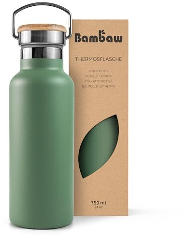 Bambaw Botella térmica 750ml, Botella agua verde, Botella agua acero inoxidable 750ml, Botella gimnasio, Termo agua, Botella reutilizable – Verde salvia
