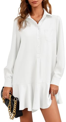 Fisoew Lässiges Damen-Hemdkleid mit Knopfleiste, langärmelig, Kragen, plissiert, schwingendes Minikleid