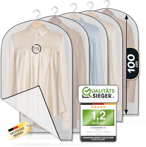 FiRiO 5 x Custodie per Abiti Trasparenti di Alta Qualità - Copriabiti Antipolvere e Impermeabile - Borsa Porta Abiti, Camicia & Giacca - Copriabiti da Armadio e Viaggio - Sacchetti Vestiti - 100x60cm