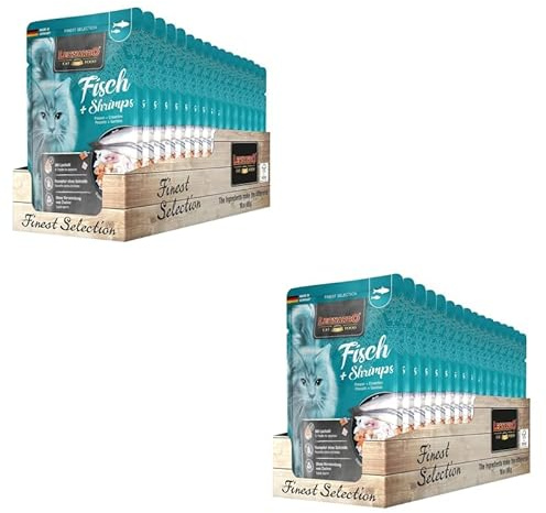 LEONARDO Katzenfutter nass Fish & Shrimps, 2X 16 Beutel à 85 g, Finest Selection, Nassfutter für ausgewachsene Katzen ohne Zucker und Getreide, bei Futterunverträglichkeiten | Leonardo | Alleinfuttermittel für erwachsene Katzen | Ohne Zucker & Getreide | Doppelpack