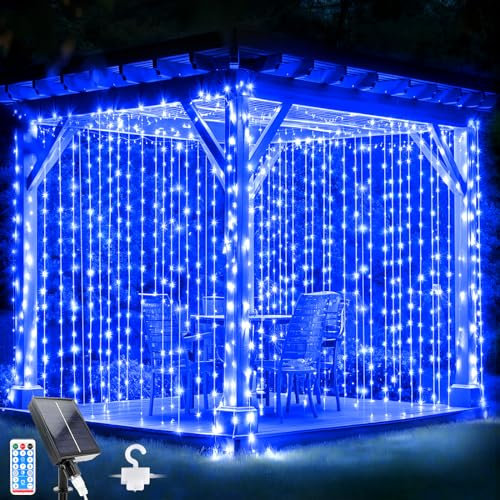 Glaxcidy Lichtervorhang Innen 3mx3m, 300 LEDs Solarvorhang Licht 8 Modi mit Fernbedienung, Wasserdichte Lichterkette Gardine für Innen Deko, Weihnachten, Schlafzimmer, Party, Hochzeit, Blau