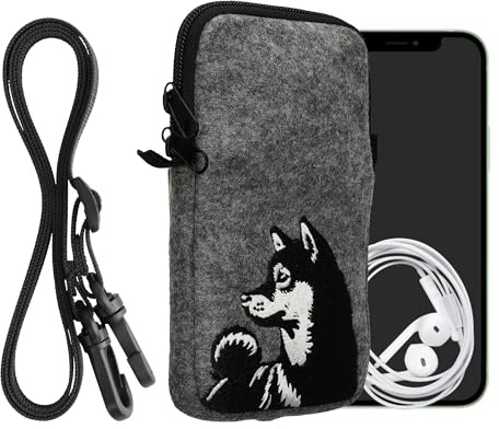 kwmobile Handytasche für Smartphones L - 6,5 - Filz Handy Hülle Schwarz Weiß Grau - Handy Tasche mit Kette 17,2 x 8,4 cm Innenmaße - Shiba Hund