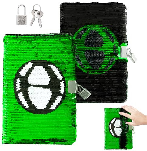 UoQo Diary with Lock and Keys Football Sequin Diary Notebook Journal Reversible Flip Sequence Notebook 8.5x5.5 Inches Diary Notebook for School Office Supply Teenage Gifts