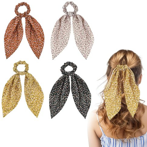 Tyqour 4 Stück Chiffon Haar Haargummis Bowknot, Frauen Vintage Floral Schal Haargummis, Haar Accessoire, Satin Seide Haarband, Haargummi mit Schleife, Pferdeschwanz Haarschmuck für Frauen Mädchen