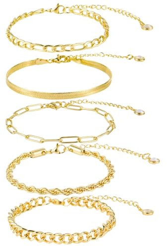 Mikovivi 5pcs Gold Ankle Bracelets, Anklets for Women Titanium Steel Gold Plated Women's Chain Link Anklets Adjustable Stackable Bracelets Trendy Foot Jewelry Gifts for Women Girls Beach (Style 1)