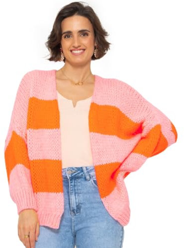 SASSYCLASSY Strickjacken für Damen - Cardigan Damen kurz mit offener Front - Grobstrickjacke Damen Langarm in Rosa Orange – Größe M