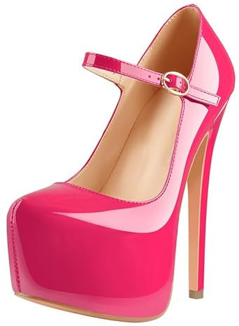 blingqueen Damen Mary Jane Pumps Runde Zehen Plateau Stiletto Lack High Heels Knöchelriemchen Pink 46 EU