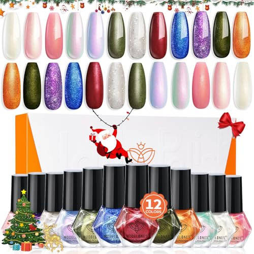 Modelones 12 Color Winter Sparkle Nail Polish Set - Dark Green, Red, Pink, Gold, Silver - DIY Nail Art & Salon Home Manicure