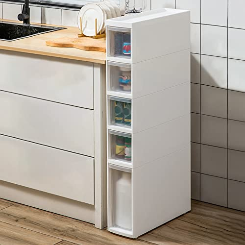 Petite Armoire de Salle de Bain de 14 cm (l) avec tiroirs de Rangement étroits en Plastique, Rangement pour Papier Toilette, Armoire de Rangement pour Papier Toilette Blanc à 5 Niveaux pour