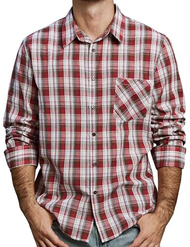 JOGAL Chemise à carreaux pour homme - Manches longues - Coupe droite - En coton - Avec poche, rouge, L