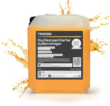 TRAVORA Hochkonzentriertes Bio Caravan- und Autoshampoo 5L - bis zu 500L Reinigungslösung - biologisch abbaubarer Wohnmobil- & Auto Reiniger aussen - 5L Caravan Reiniger Kanister inkl. Auslaufhahn
