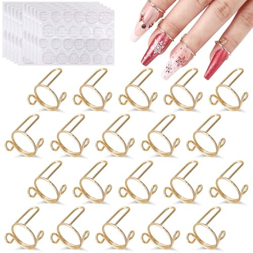 20PCS Wudu Adjustable Detachable Fingernail Rings with 240 Nail Adhesive, Reusable Metal Finger Rings for Nail Art Decoration (Gold)