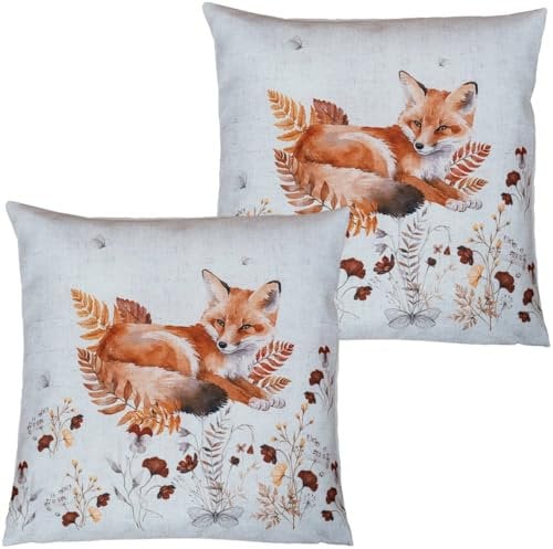 Kissen-Bezüge 2er Set für Deko-Kissen Sofa-Kissen 40 x 40 cm - Polyester Kissen-Hüllen COCO bedruckt mit Fuchs & Blättern - Herbstliche Zierkissen für Couch & Wohnzimmer, Kissenhüllen Herbstdeko