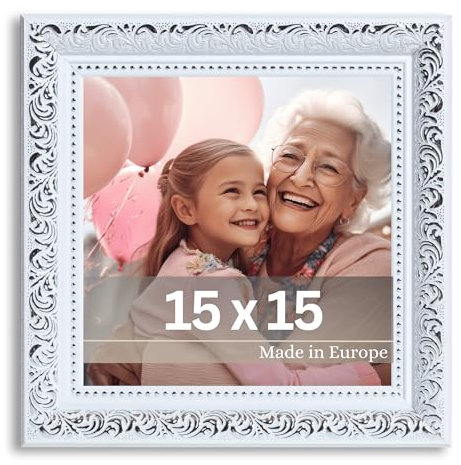 VictoR Marco de fotos vintage Rubens en 15 x 15 cm, color blanco y plata, listón: 30 x 20 mm, cristal auténtico, marco de fotos barroco, antiguo, 15 x 15 cm, blanco - cuadrado