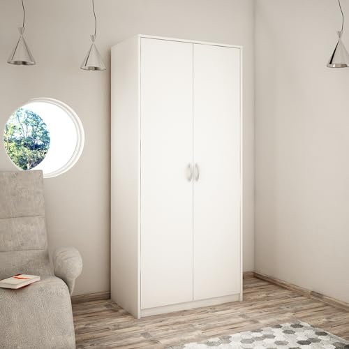 Home Collective Kleiderschrank mit 2 Türen 1 Kleiderstange 1 Einlegeboden Garderobenschrank 85 cm breit Schrank Matte Oberfläche aus laminierter Platte ideal für Schlafzimmer Wohnzimmer Flur Weiß