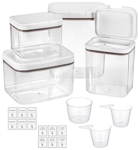 TOLIDA Waschmittel Aufbewahrungsbox aus PET Kunststoff, Vorratsdose mit Messbecher, Organizer für Waschmittel, Wäscheperlen duftende Perlen Mehl Hundefutter Katzenfutter (5,5L+2,8L+2L+1,2L)