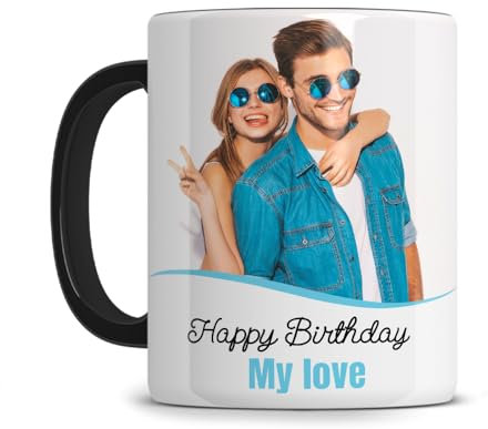 Mug Personnalisé 1 ou 2 photos et textes, anse et interieur noir - Tasse à cafe personnalisable - Mug original - Traitement Photo PREMIUM HD - Cérmique Blanc brillant BRIGHT