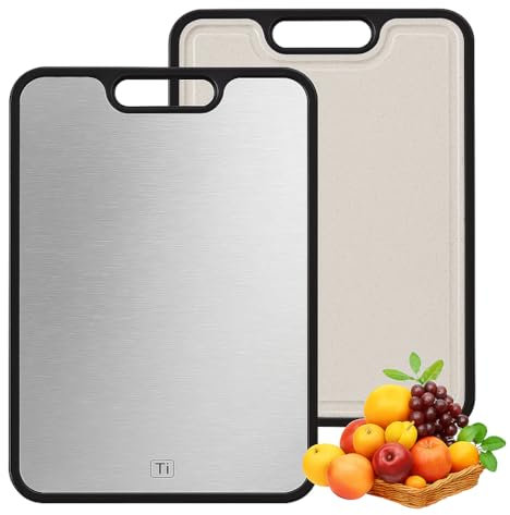 Real Titanium Chopping Board - not Stainless Steel - Hygienic, Sturdy, Easy to Clean, Double-Sided with Wheat Straw by Giftly Moment