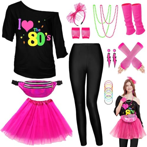WILDPARTY 80s Fancy Dress For Women, T-shirt, Tutu Skirt, Leggings, Leg Warmers, Necklace, Fishnet Gloves, Neon Costumes Accessories for Retro Theme Party Cosplay