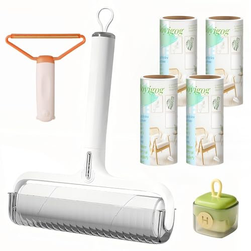 Fusselrolle, 16CM Fusselrolle Set für Tierhaare, Kleidung, Möbel, Teppich, Extra Klebrige Abnehmbarer Griff Fusselrolle mit Bezug, 60 Blatt/Rollen (2*Tragbare+1*Fusselroller+5*Nachfüllungen)