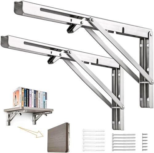 MINISOISO 2 Pièces Équerres Étagère, 350mm Support Console Pliable, Support d' Étagères Murale En Acier Inoxydable, Rétractable, pour La Maison, Cuisine, Bureau, Chambre, Mur, Argent