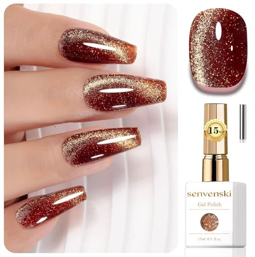 Senvenski Platinum Cat Eye Gel Nail Polish, 15ml Champagne Glitter Sparkly Holographic Gel Polish with Magnet, Reflective UV LED Salon Home Manicure Nail Art (MY1-022)